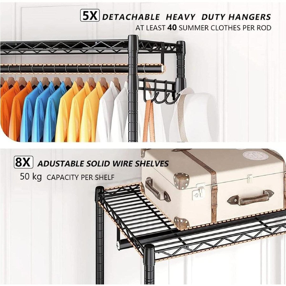 Wardrobe organizer clothes rack with folded clothes on shelves