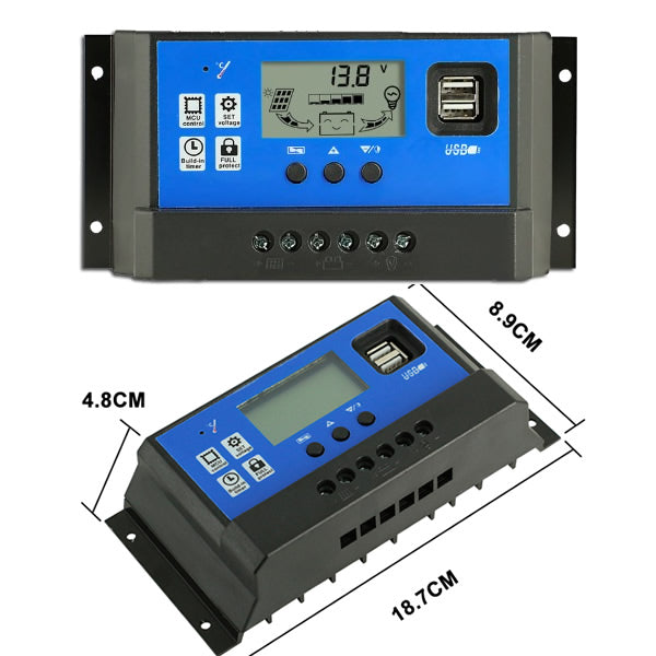 LCD screen detail on 50A solar charge controller showing data