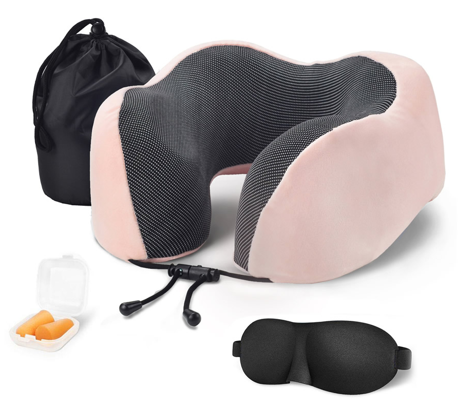 Compact travel pillow black packed with eye mask and earmuffs
