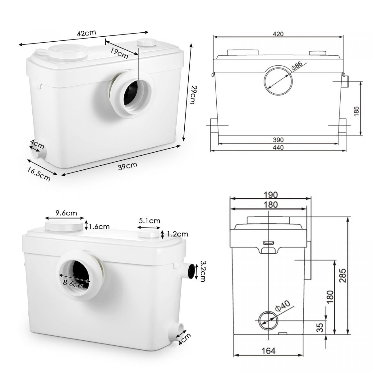 Compact design of macerator pump suitable for basement bathrooms