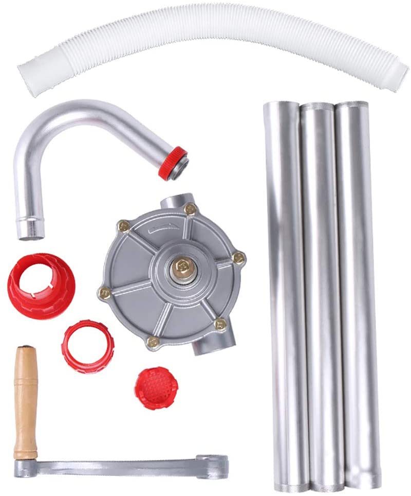 Hand rotary pump transfer pump positioned for barrel oil transfer