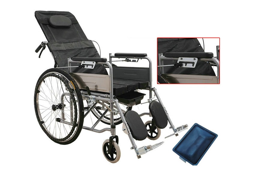Wheelchair recliner used as portable toilet chair in home