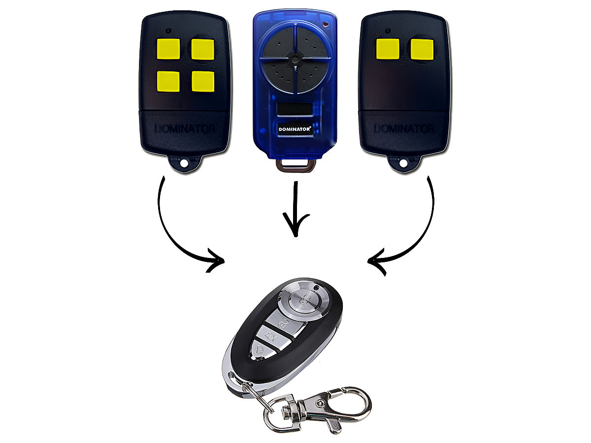 Compact size Dominator garage door remote replacement with keychain attached