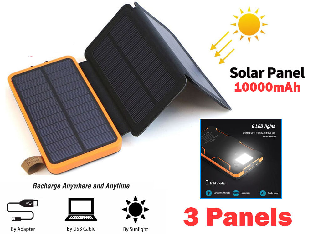 Solar power bank 10000mAh showing SOS mode on LED torch