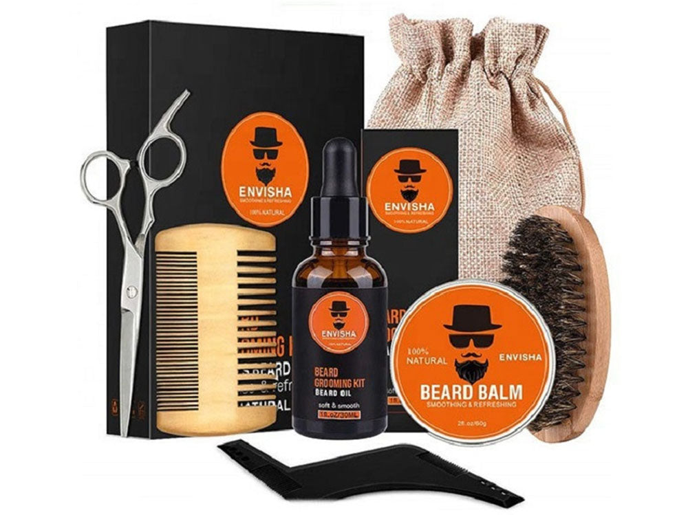 Beard grooming kit set arranged showing all seven grooming items