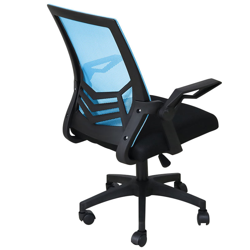 Front angle of black mesh ergonomic office chair with armrests