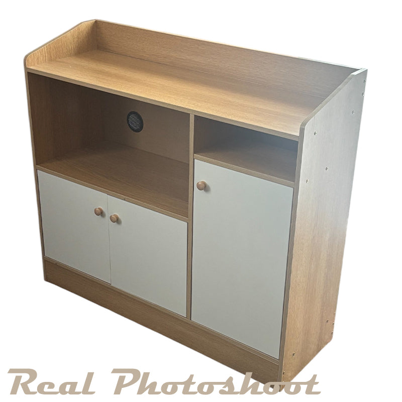 Kitchen cabinet drawer with microwave on open shelf