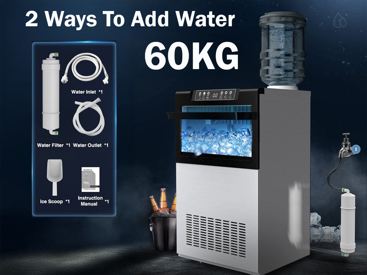 Ice cube maker with tap water connection detail