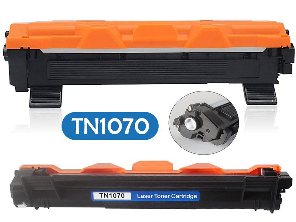 Brother TN1070 compatible cartridge showing black toner powder