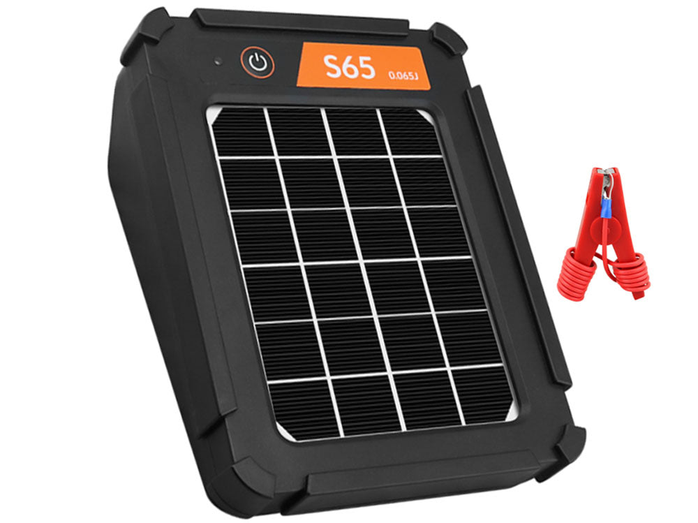 Solar electric fence energiser showing rugged casing and mounting system