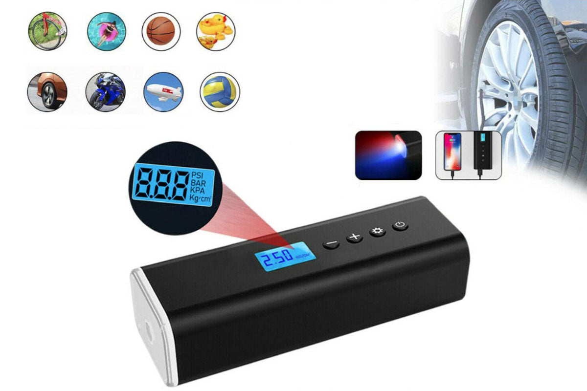 Car tyre inflator showing digital pressure reading in PSI