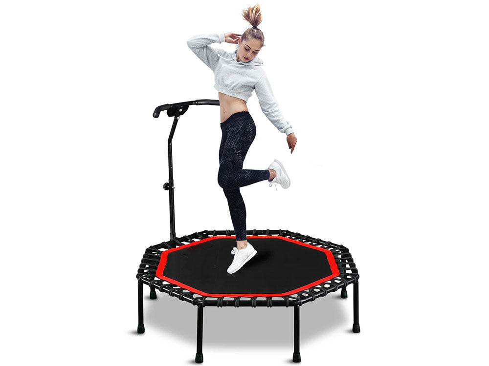 User jumping on trampoline rebounder demonstrating bounce and stability