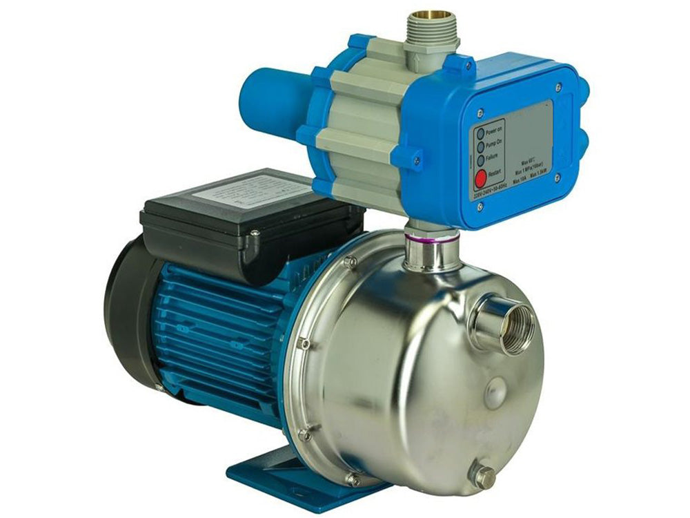 Water pump 750W operating with water flow visible at outlet