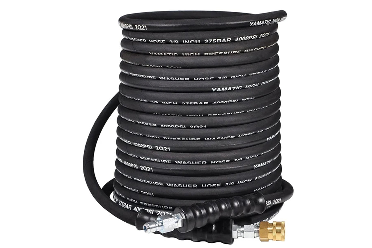 Pressure hose attached to garden hose reel for easy use
