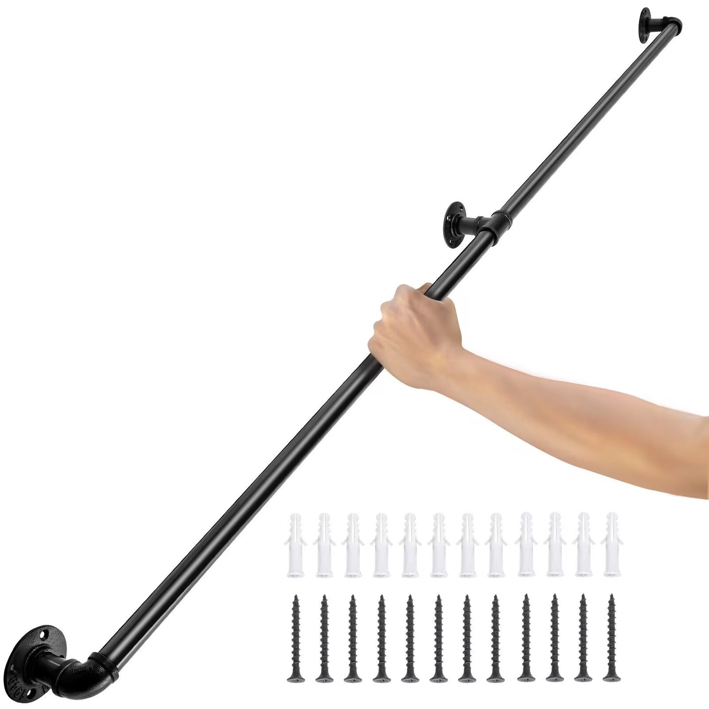 Black matte iron handrail with visible pipe joints
