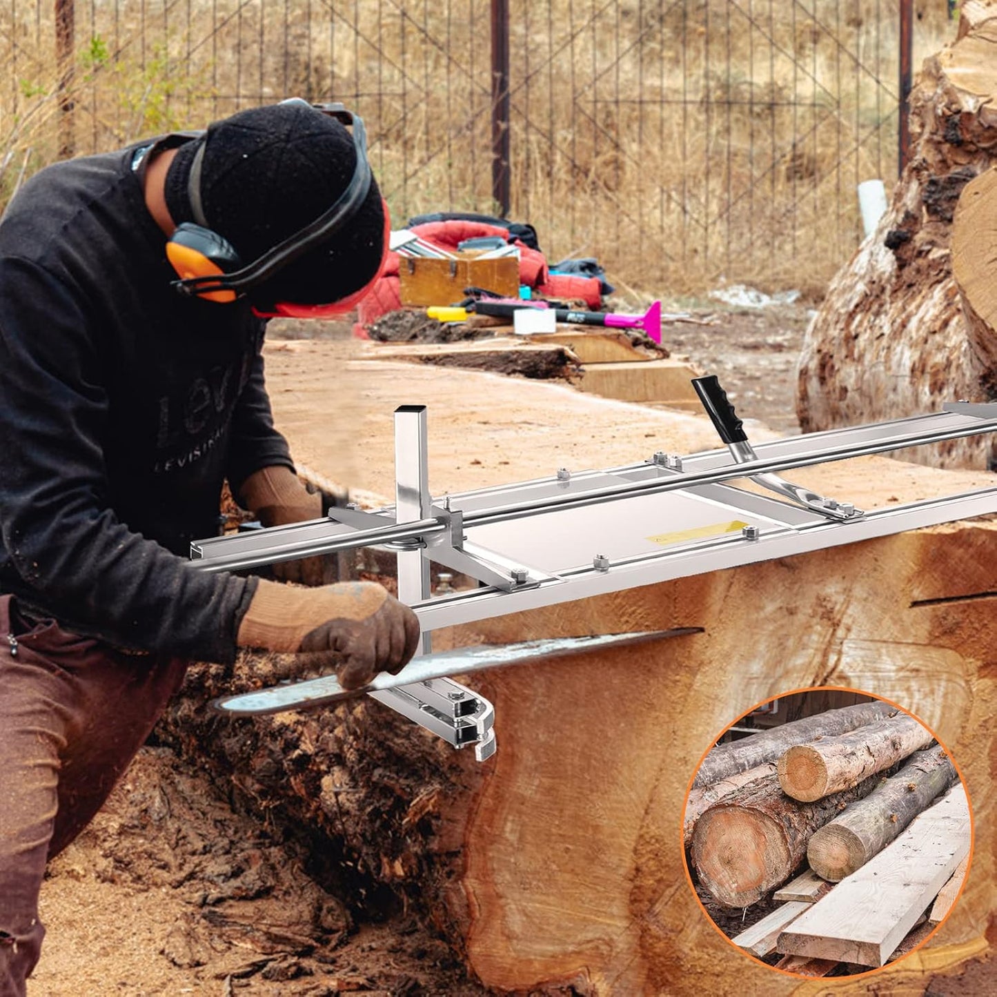 Chain saw mill frame 48 inch in use cutting timber with clear aluminium frame