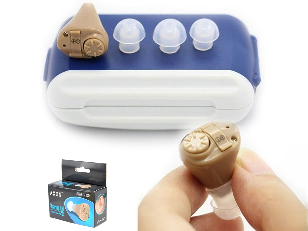 Hearing aid amplifier showing user manual and retail packaging