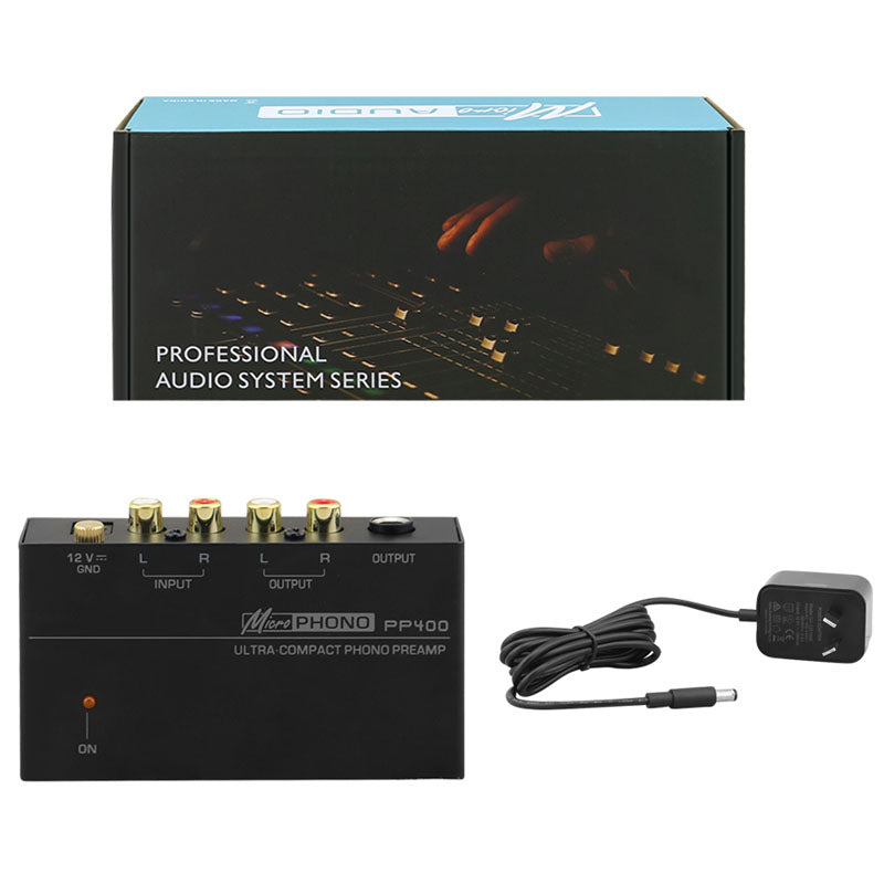 Phono preamp PP400 showing size comparison with NZ power plug