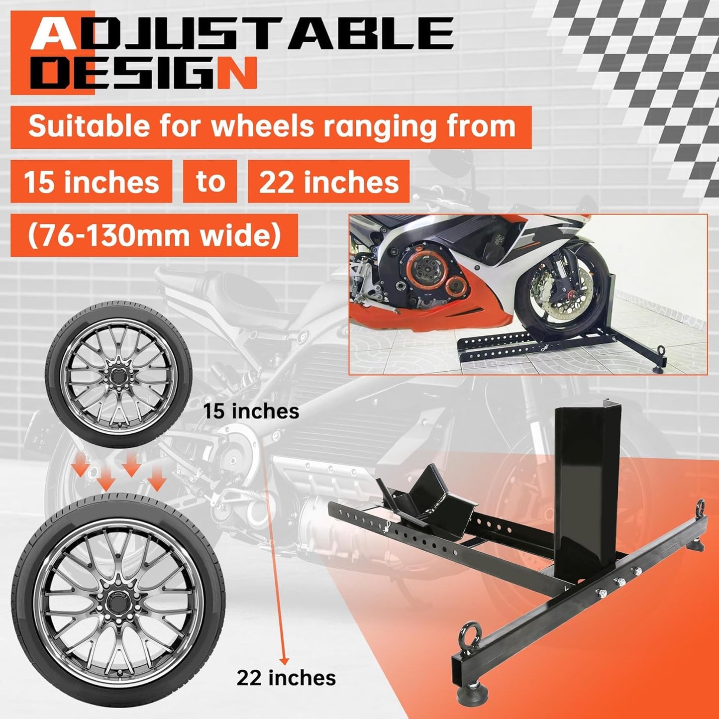 Motorcycle wheel chock bike stand with wide base for stability