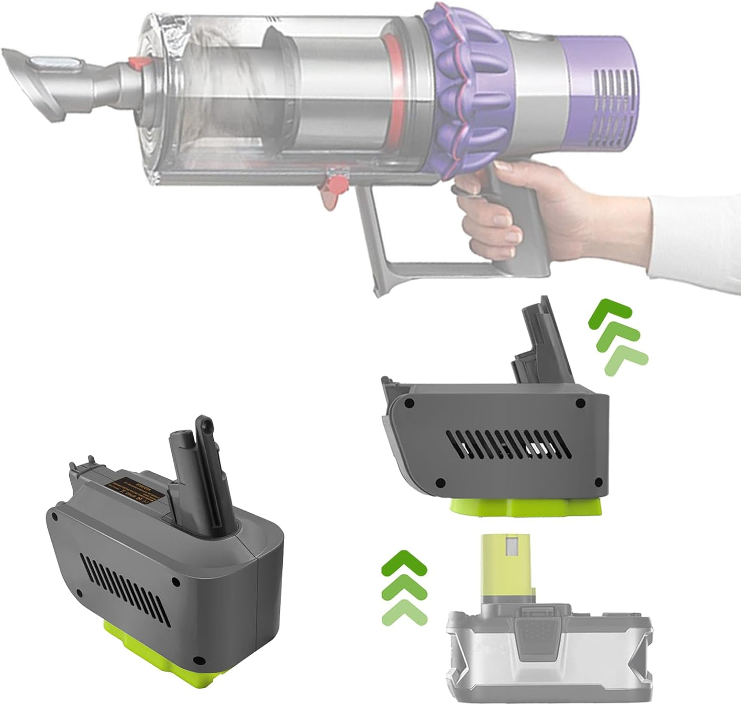 Dyson V10 battery adapter highlighting durable plastic casing