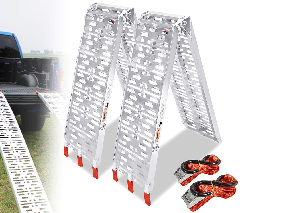 Aluminium ramp pair displayed on grass showing portability