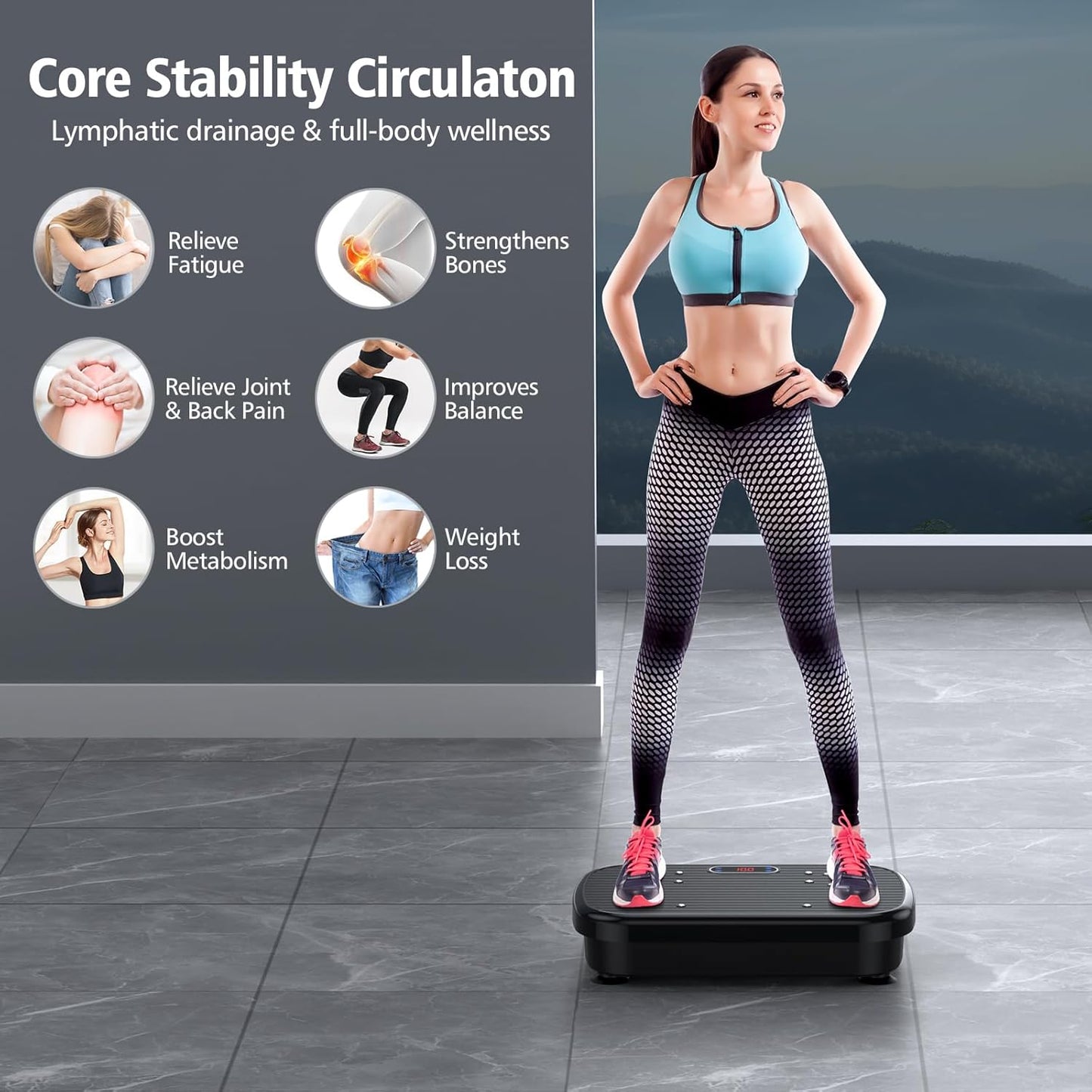 Resistance bands stretched during upper body exercise on vibration plate
