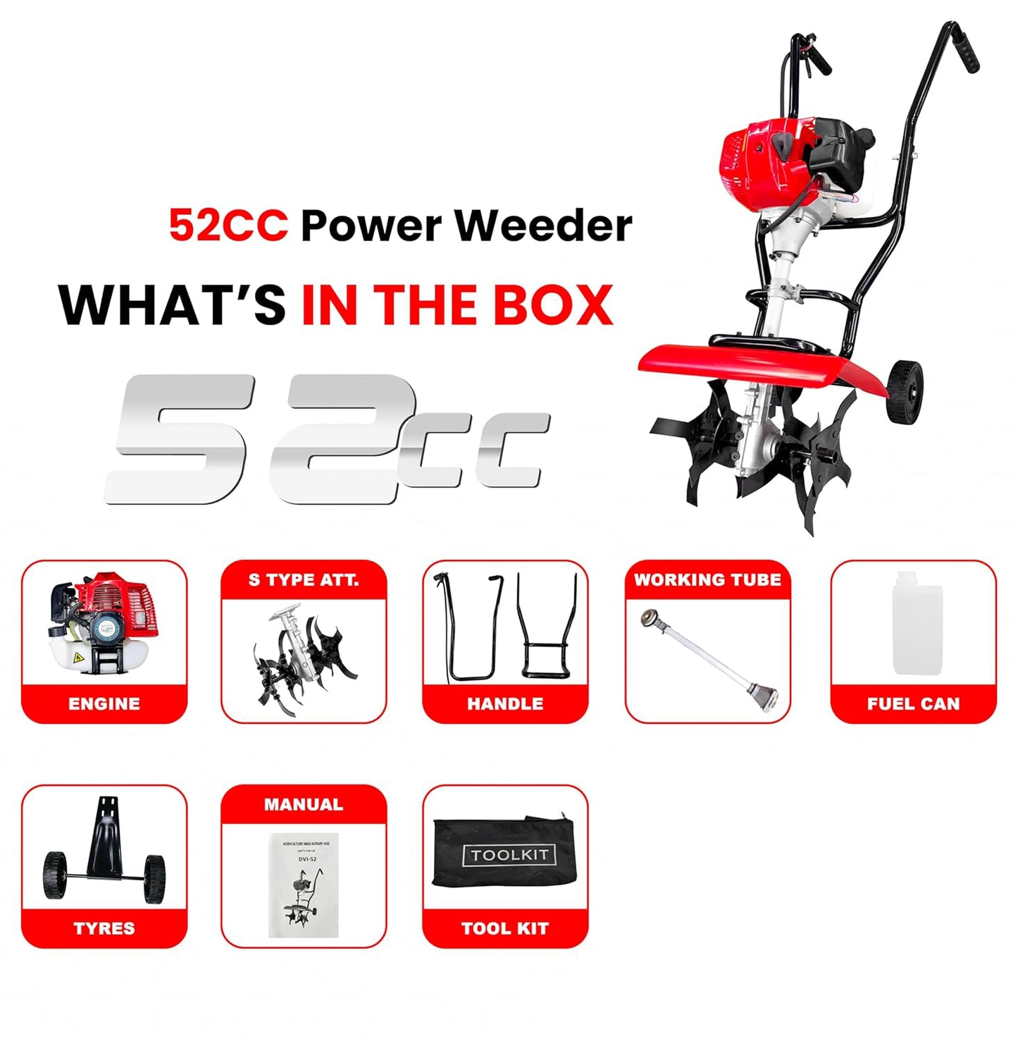 Rotary hoe tiller cultivator 52CC used in vegetable garden soil