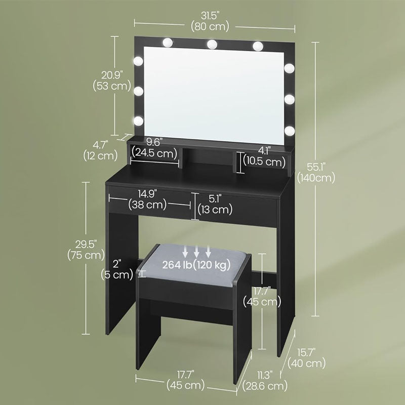 Open drawer of dressing table with mirror displaying storage space
