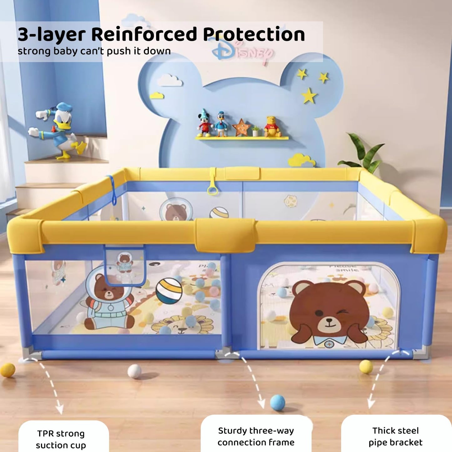 Top view of playpen showing spacious 180 by 200 cm area