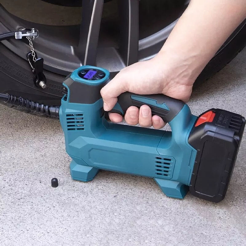 Cordless pump inflating bicycle tyre in New Zealand setting
