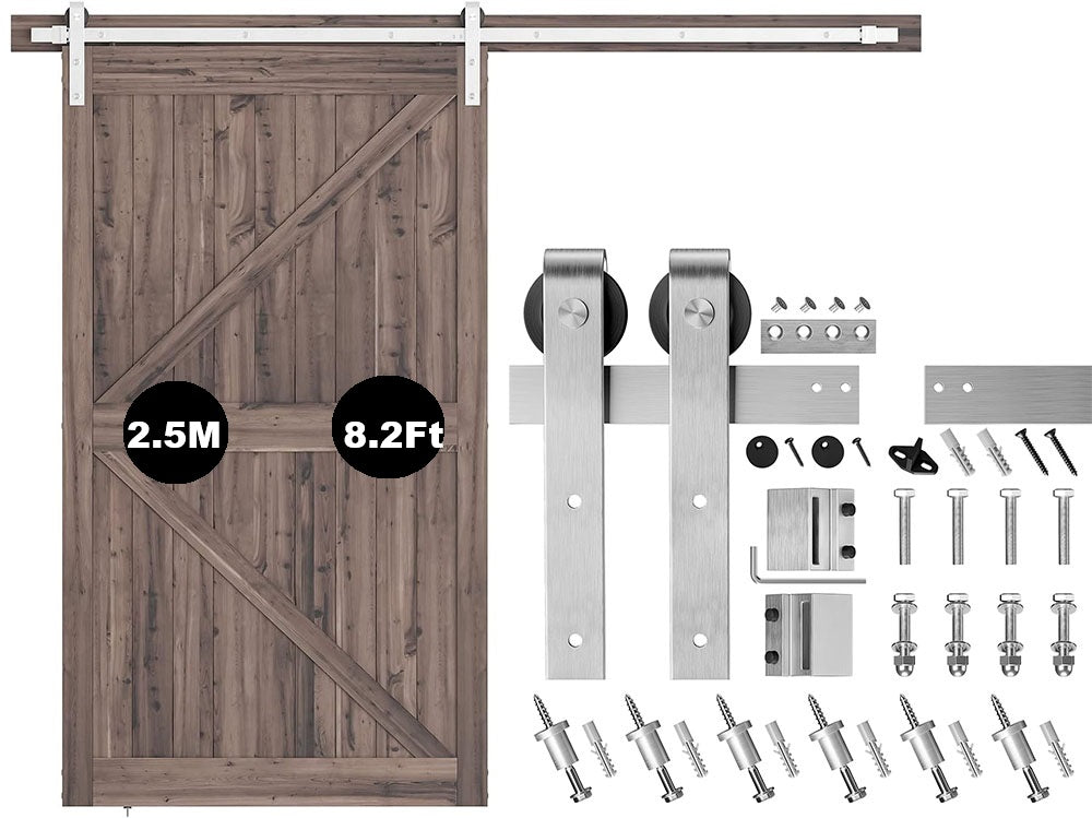 Barn door hardware kit components laid out for easy installation