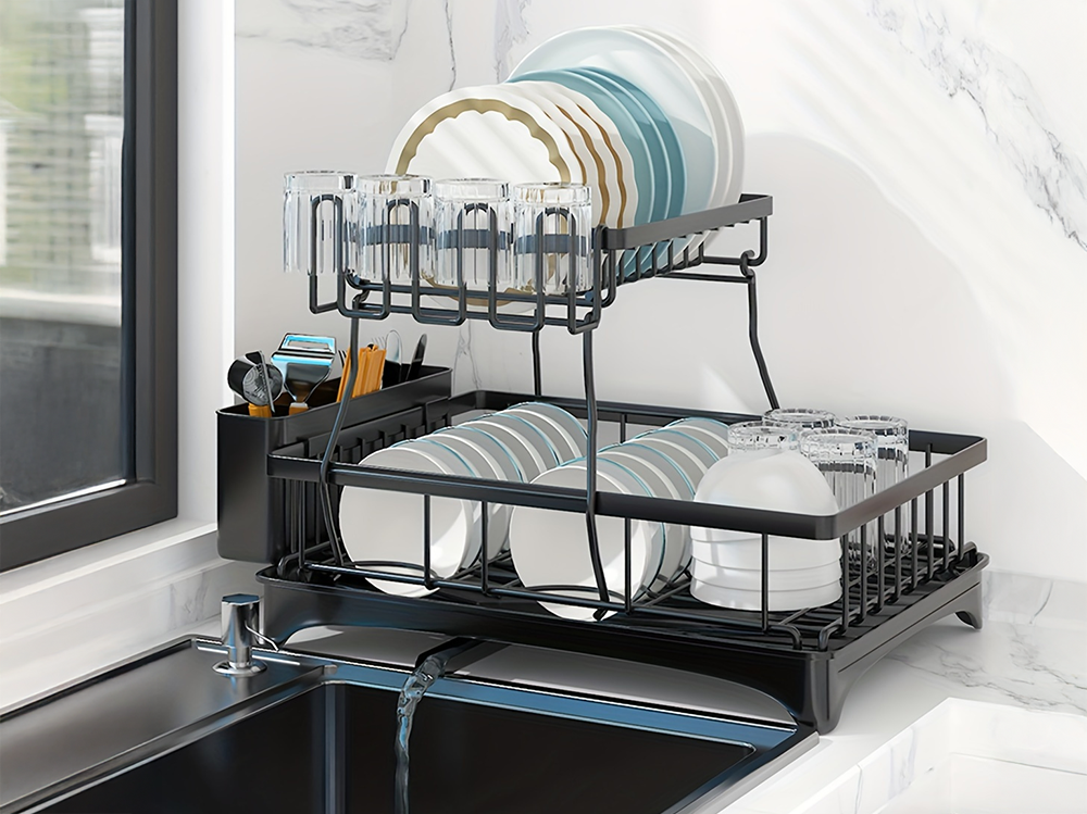 Dish drying rack vertical design saving bench space