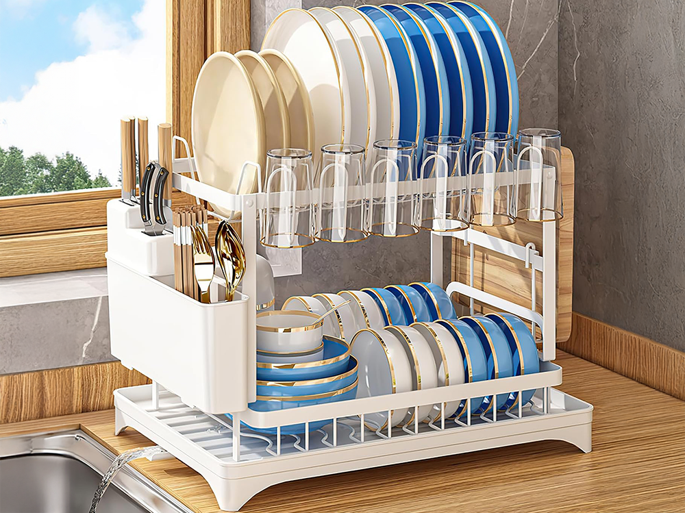 Cutting board holder feature on dish drying rack