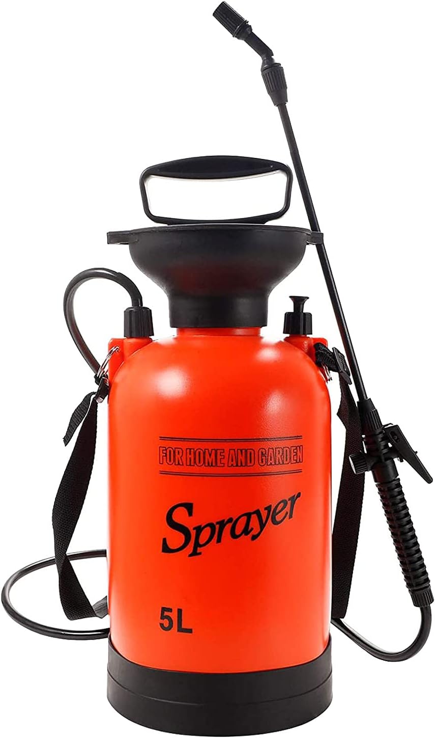 Compact 5L weed sprayer standing on patio surface
