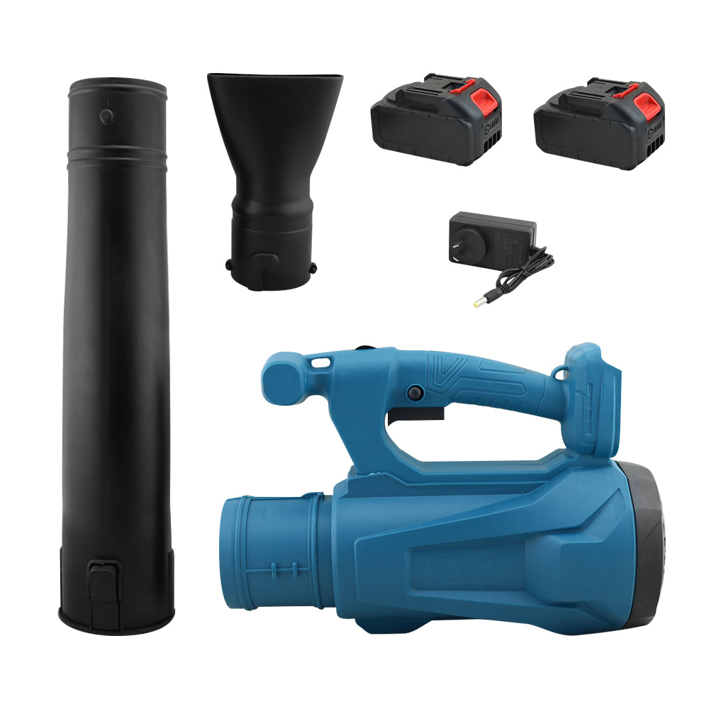 Cordless leaf blower in use clearing dust from computer case