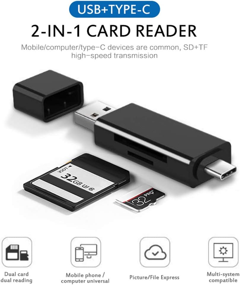 USB-C SD Micro SD memory card reader with black plastic casing