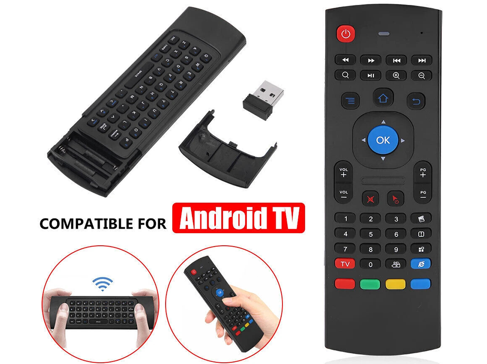Wireless air mouse remote held in hand showing compact size