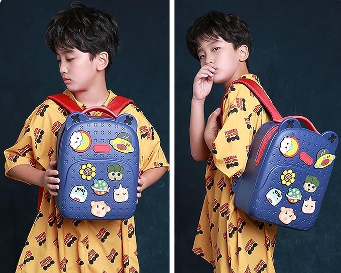 Removable trinkets displayed on blue Tide satchel backpack