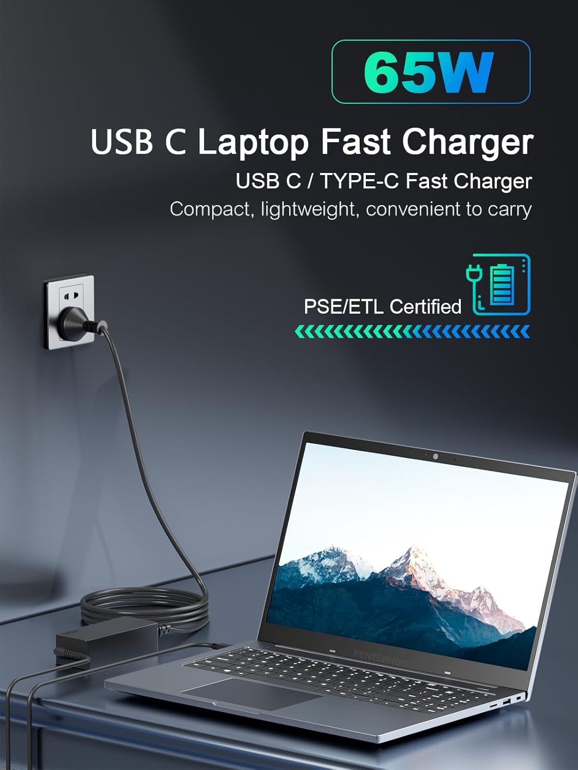Lenovo laptop charger USB C with safety certification marks