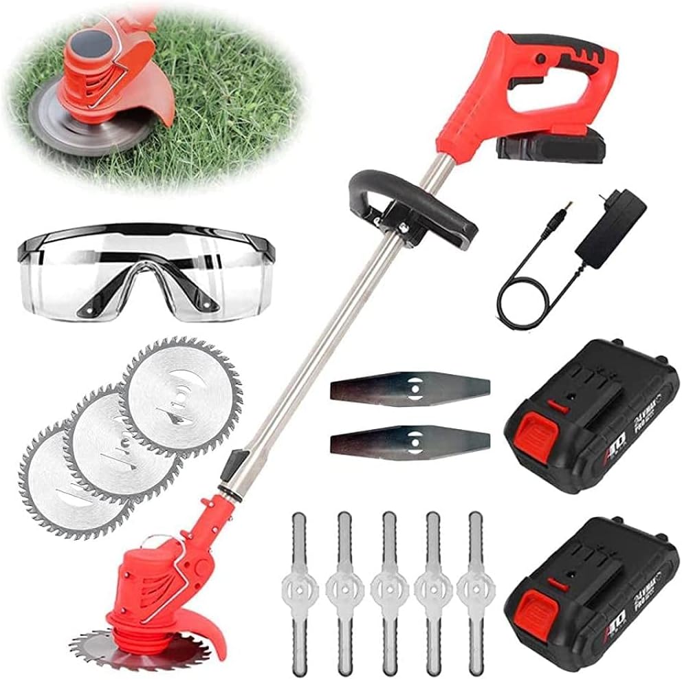 Red cordless lawn mower garden trimmer with adjustable length
