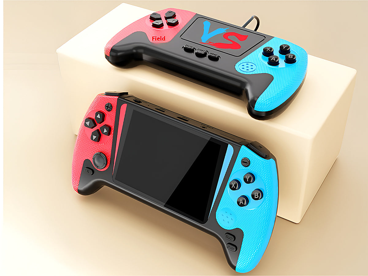Retro handheld gaming device held in hand showing portable size