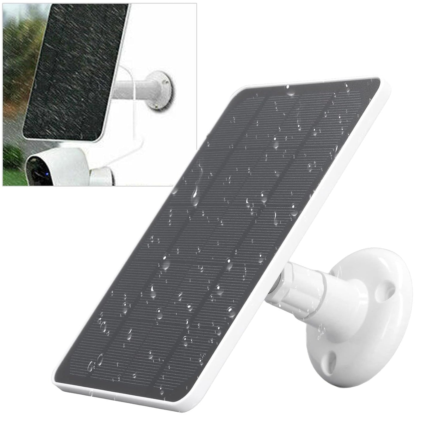 Solar panel for CCTV security camera angled for maximum sunlight exposure