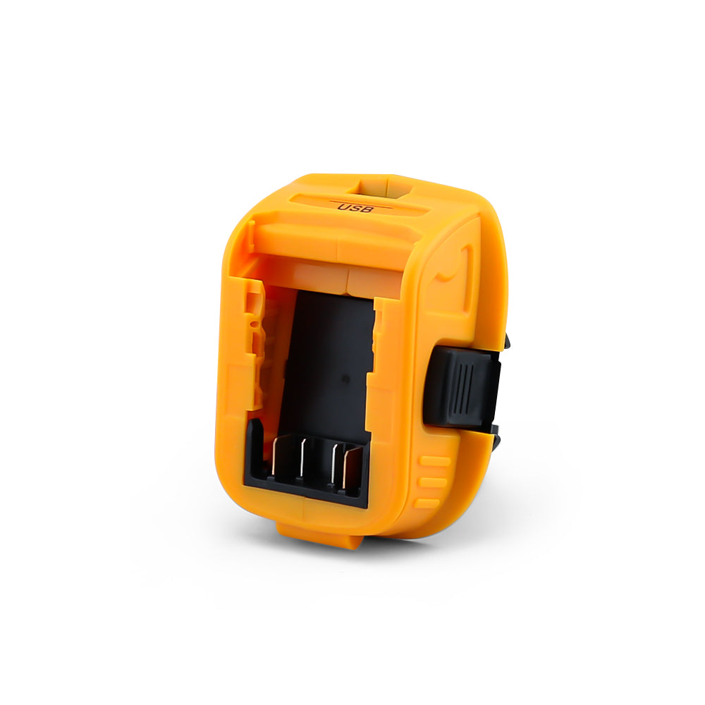 Top angle of Dewalt battery adapter with USB output visible