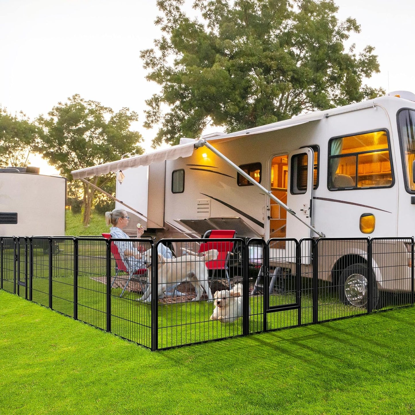 Dog playpen with two door panels for easy access
