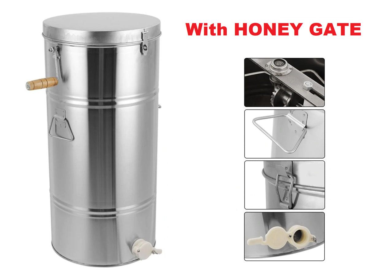Stainless steel honey extractor reflecting light on polished surface