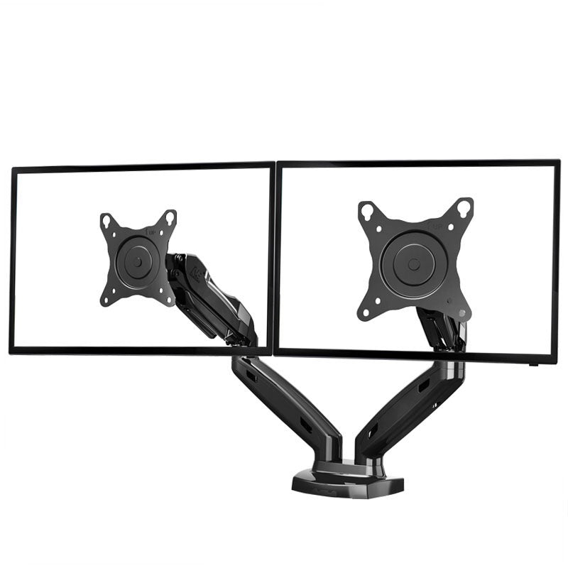 Close up of dual arm monitor stand bracket mount gas spring mechanism