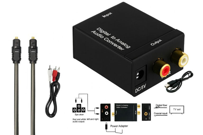 Digital Optical Toslink to RCA Audio Converter in use with amplifier in New Zealand home