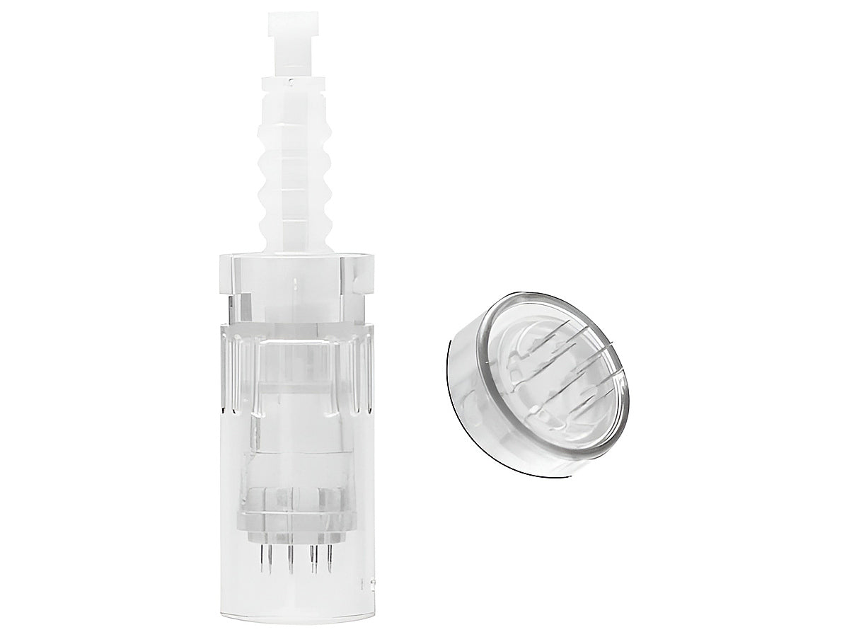 Side view of derma pen needles cartridge 12 pin in clear plastic casing