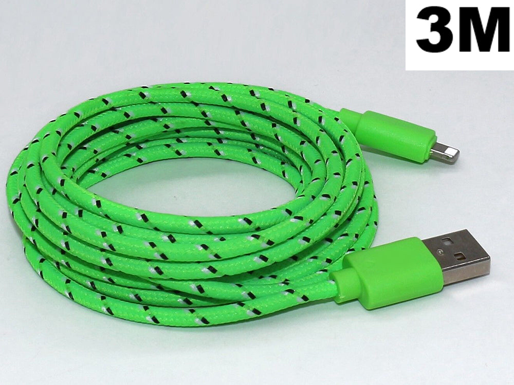 Side view of durable fabric on green iPhone charger cable