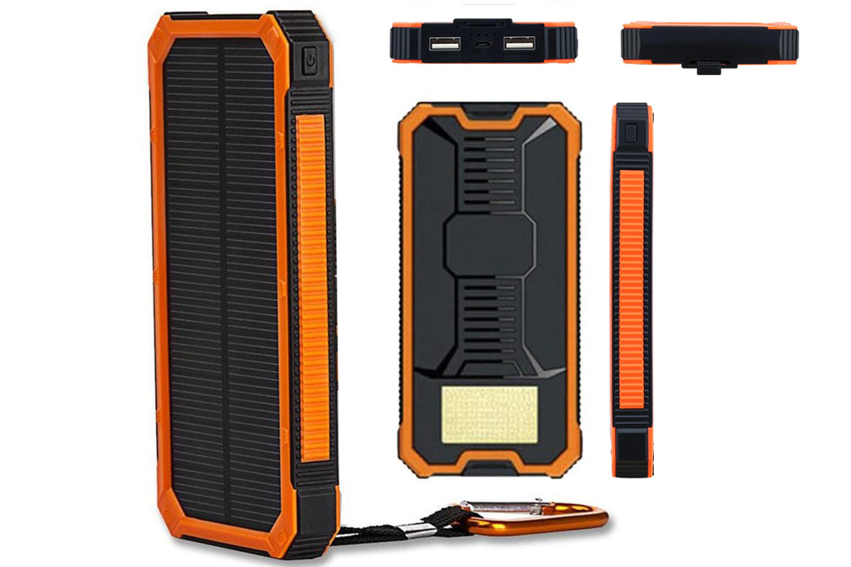 Solar power bank placed outdoors under sunlight for charging
